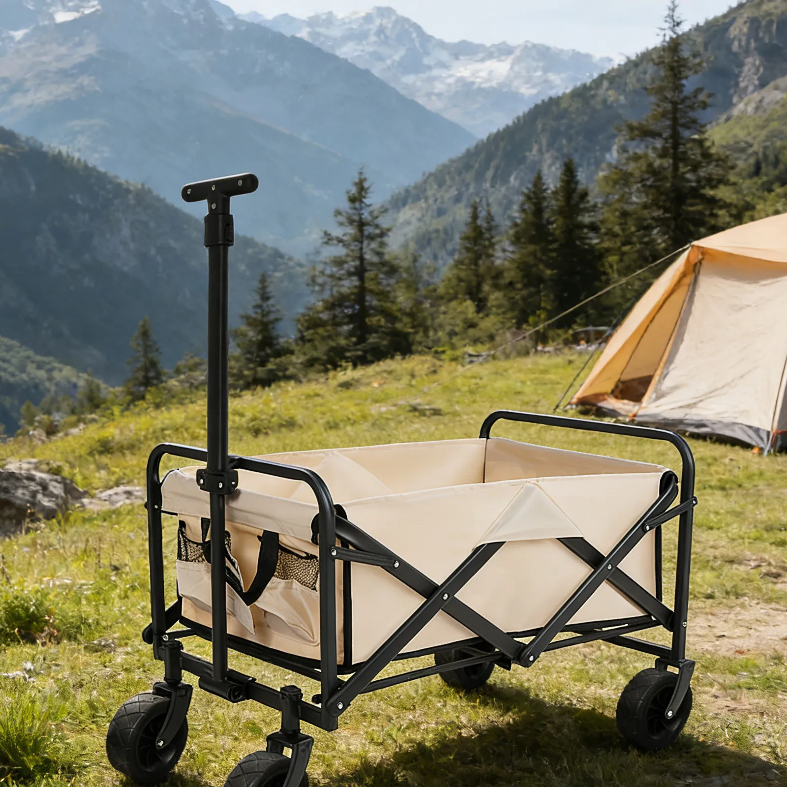 Telescopic Adjustable Folding Wagon Cart Handle Replacement for Garden Trolley, Collapsible Camping Wagon