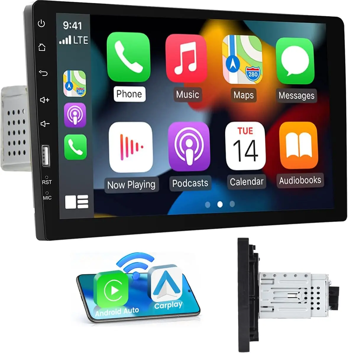 

9-дюймовая автомобильная стереосистема с беспроводным CarPlay, Android Auto, Bluetooth, FM/AM, MirrorLink, резервная камера и микрофон