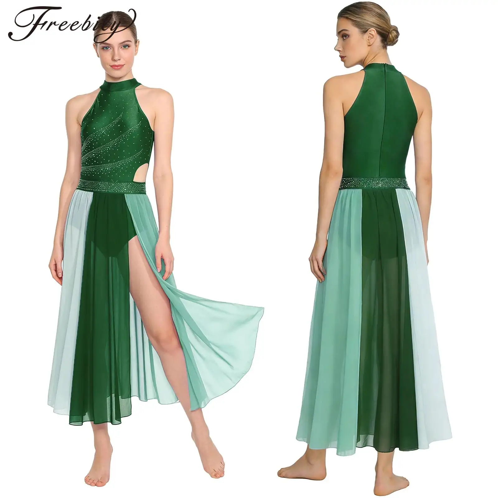 

Женское платье для лирического танца, современный костюм для фигурного катания и гимнастики, без рукавов, с сетчатыми вставками, стразами и разрезом по низу, платье-леотард