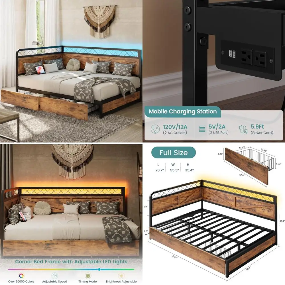 Daybed with Storage Drawers, Corner Bed Frame, LED Lights, and Charging Station for Living Spaces and Bedrooms