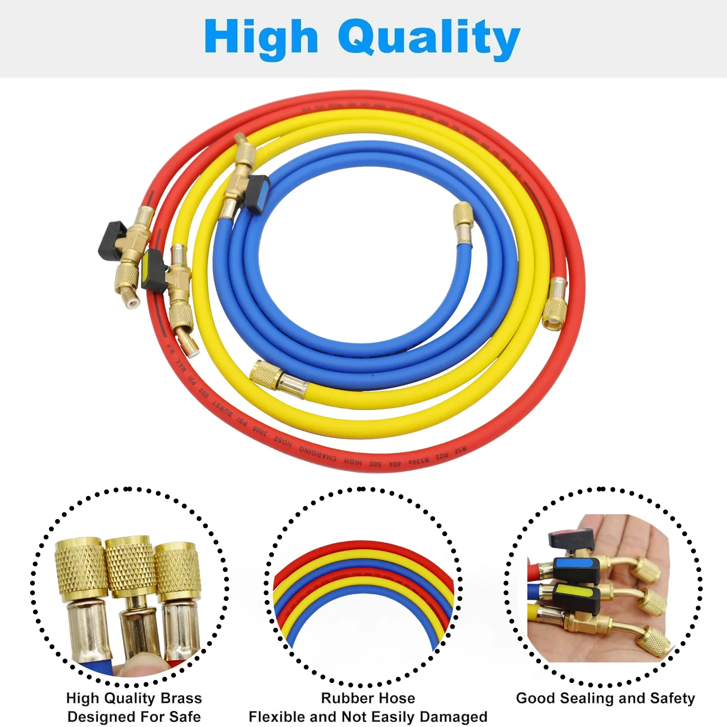 162cm HVAC 1/4Inch SAE 600 PSI R410a R134a R22 Charging Hoses with Shut Valve