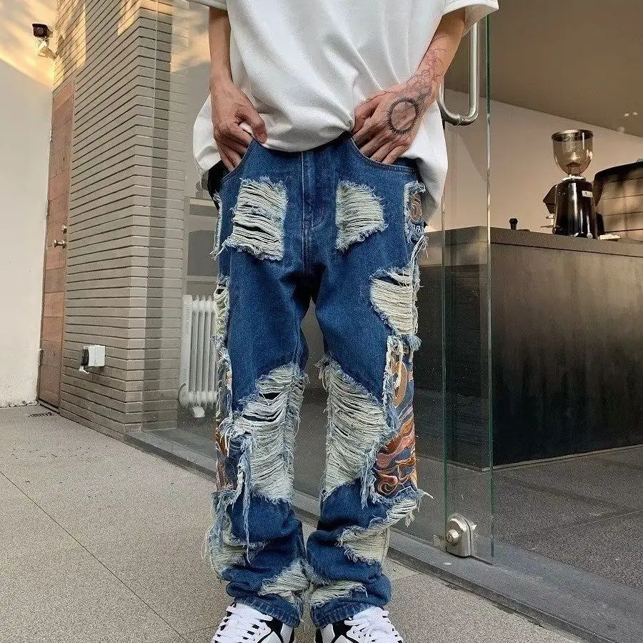 Women Cowgirl Clothing Oversize Washed Men and Women Loose Embroidery Design Jeans Ripped High Street Straight Mopping Trousers
