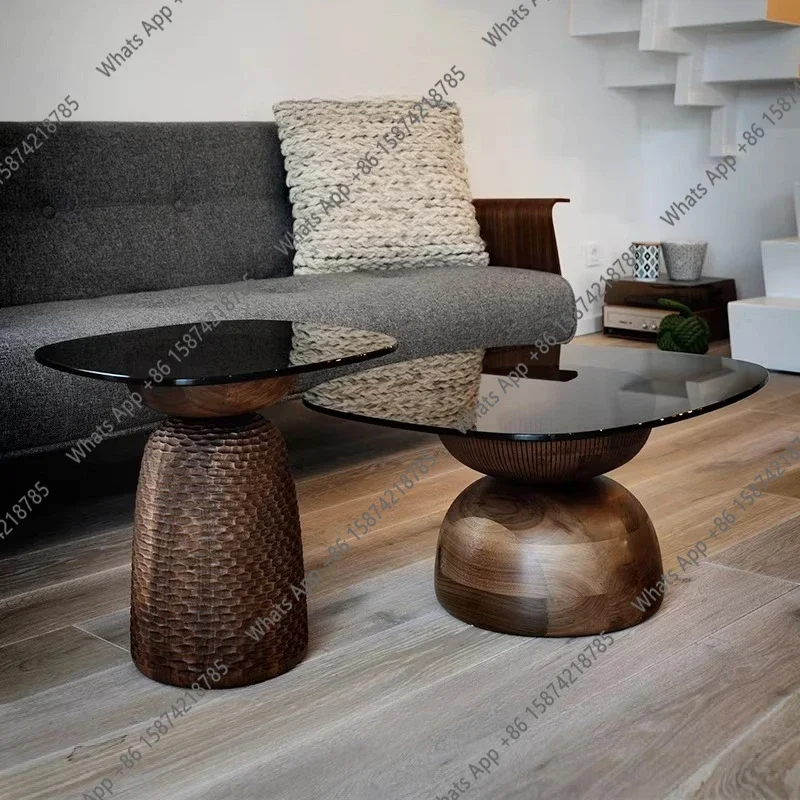 C Wabi Sandy Wind Solid Wood Coffee Table Glass Edge Small Apartment Living Room Solid Wood Carving Coffee Table