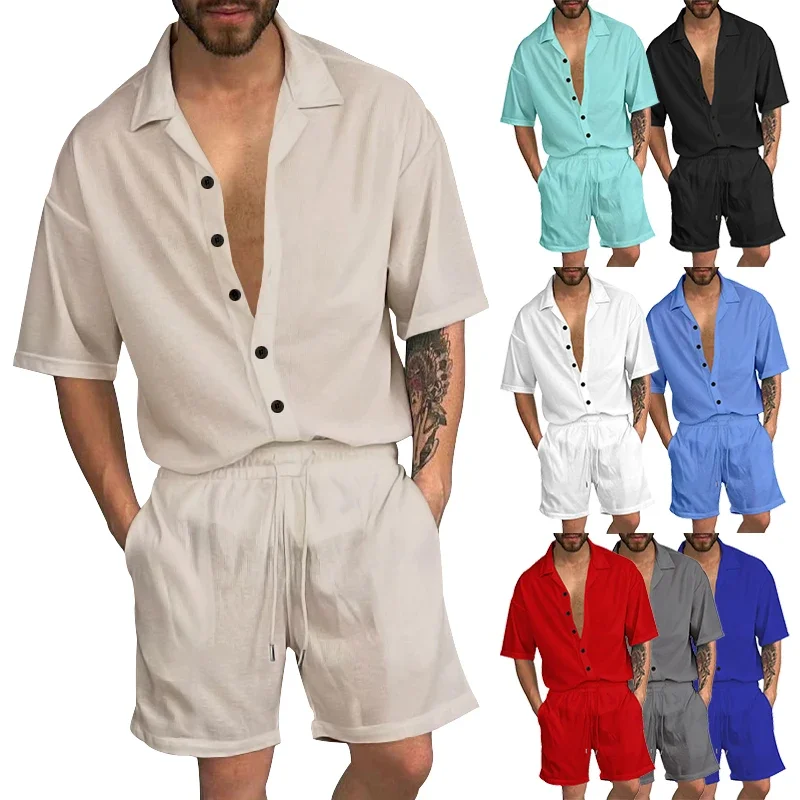Pop Summer Fashion Men's Two-piece Beach Style Casual Solid Color Men's Shirt Short Sleeve Shorts Set Men's Clothing Free Shippi