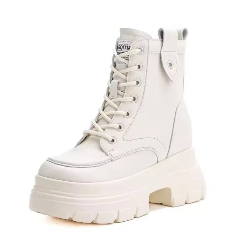 10cm Ankle Booties Chimney Shoes Cow Synthetic Leather Boots Women Motorcycle Platform Wedge Summer Ladies Fashion Moccasins