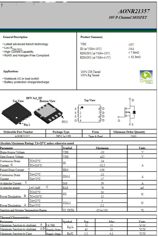 20Pcs AONR21321 21321 AONR21357 21357 AONR21307 21307 AONR21305C 21305C  DFN3x3EP  30V P-Channel MOSFET Chip 100% New original