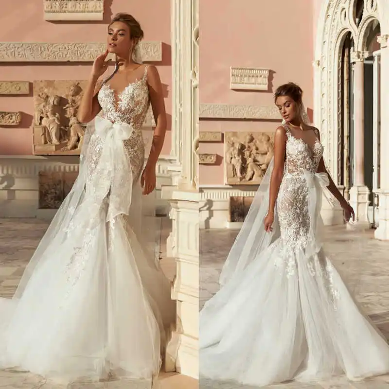 Princess Mermaid Wedding Dresses Sweetheart Sleevesless Appliques Lace With Bow Bride Gown Vestido de novia Customized