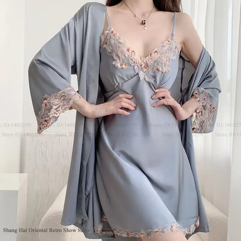 

Female Nighty&Robe Set Sexy Lace Mujer Lencerias Nightgown Home Dress Spring Summer New Sleepwear Silky Thin Rayon Loungewear