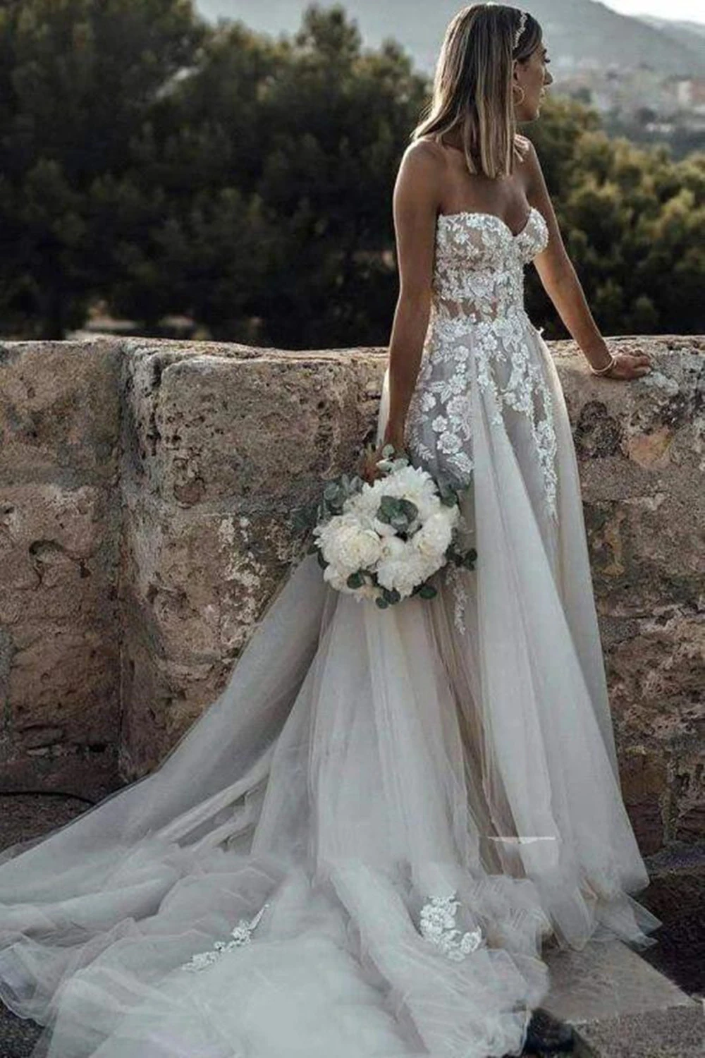 Sweetheart Trouwjurken Boho Kralen Kant Illusion Bruidsjurken Tule Applicaties Zomer Strand Bruid Vestido De Novia Aangepast