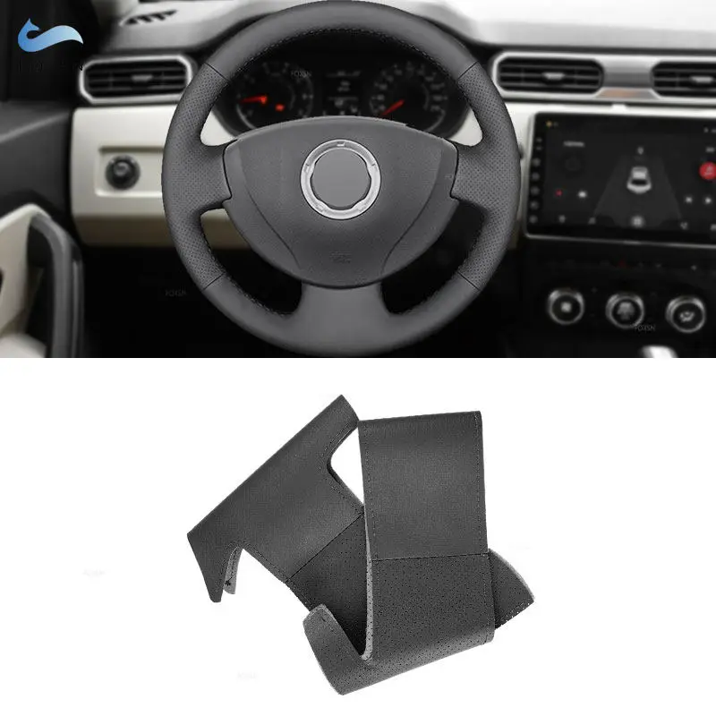 For Renault Logan 1 Sandero Symbol Clio Twingo Lada Largus Nissan Almera 3 G15 Hand-stitched Steering Wheel Leather Cover Black