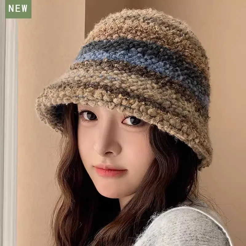 Autumn Winter Warm Hat for Women Colourful Knitted Cap Girls Dopamine Warm Fisherman's Hat Star Model Thickened Bucket Hat