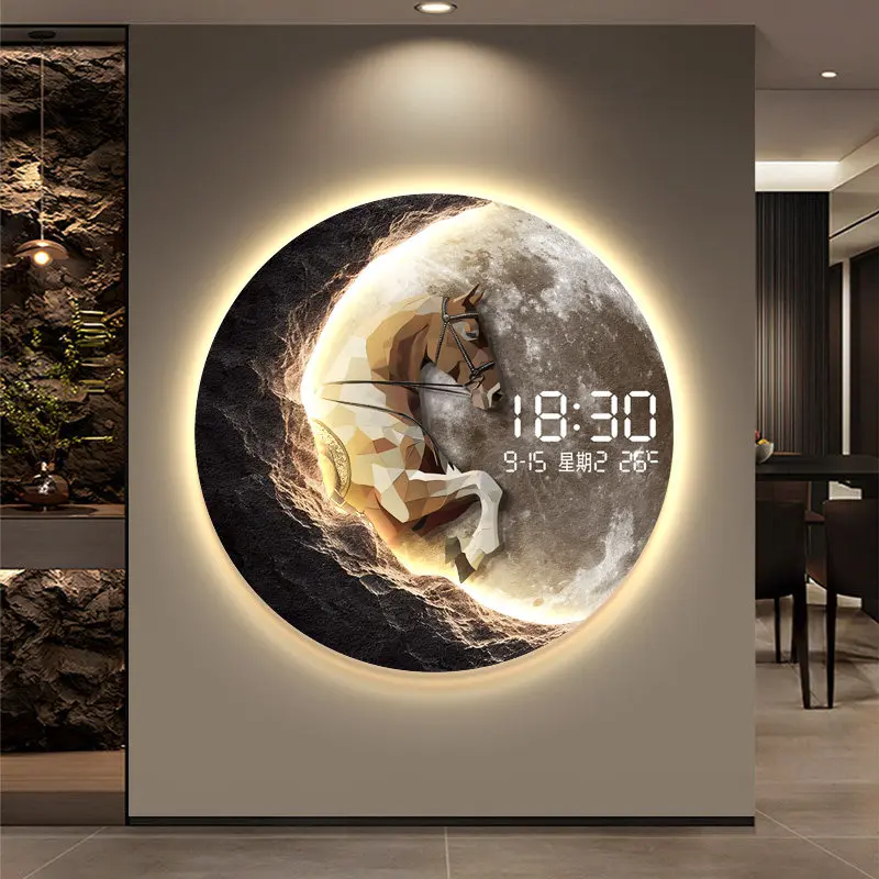 Modern minimalist digital display screen decoration painting, light luxury moon mural, high-end wall clock atmosphere light