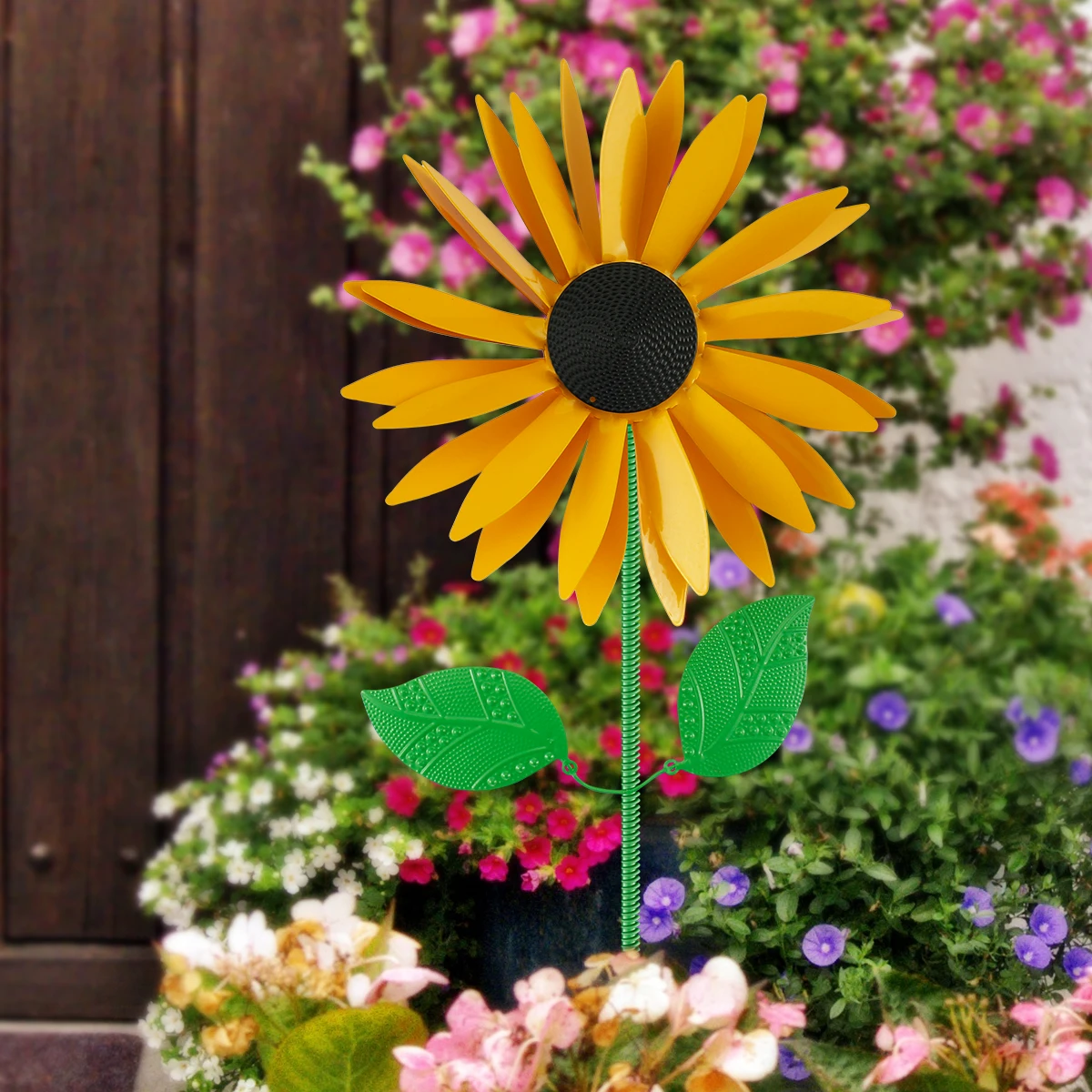 Sunflower Windmill Metal Rotating Sunflower Art Weather Vane Wooden Stake Vertical Lawn Windmill Outdoor Garden Decoration