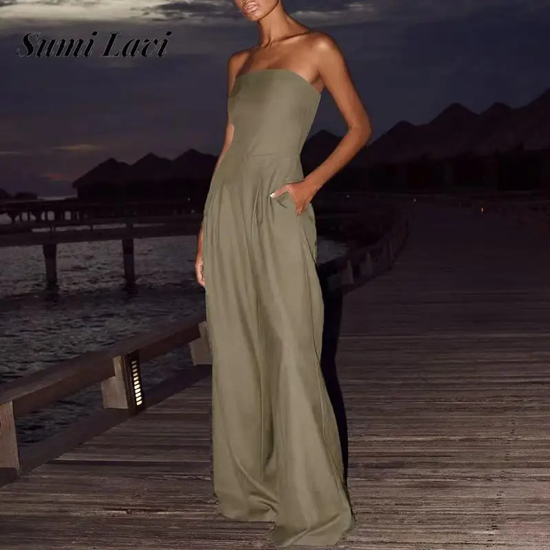 

Women Fashion Hight Waist Solid Party Playsuits Overalls Sexy Sleeveless Draped Rompers Elegant Bustier Backless Long Jumpsuits