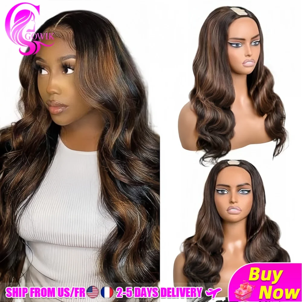Perruque Gowik Body Wave 1B/30 Highlight V Part, densité 220, perruque en cheveux humains à ondulations lâches, demi-perruque en forme de V à clipser, sans besoin de laisser de cheveux apparents, sans couture