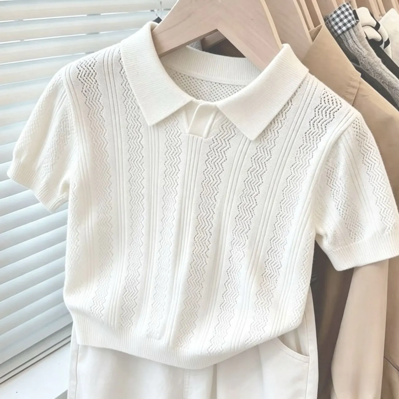 Children's White Hollow Thin Knitted Short-Sleeved Polo Shirt Boys' Stylish Summer Outfit Top