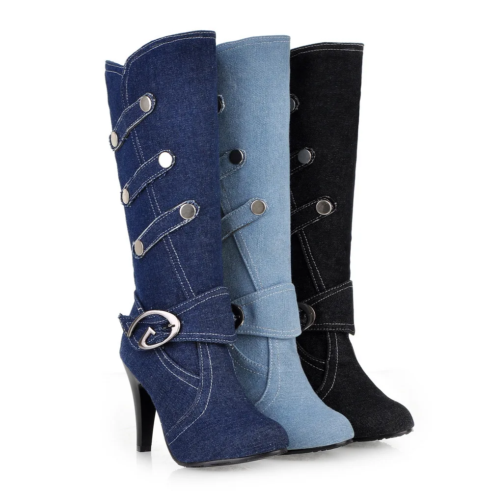 denim high-heeled boots thin heels boots women\'s shoes spring and autumn high-leg boots  boots