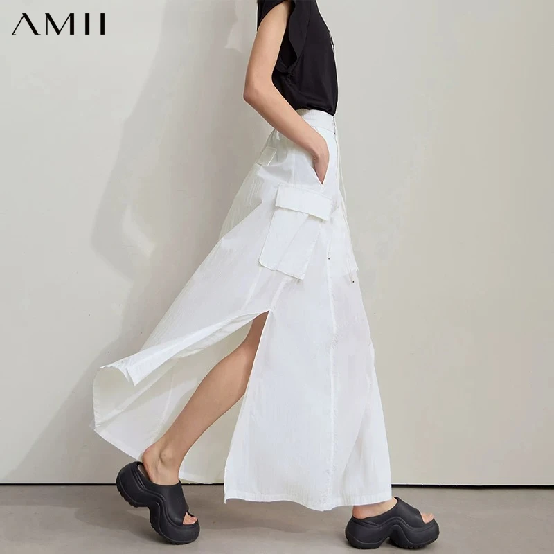 AMII Vacation Long Skirt 2026 Summer Women Loose Sun Protection Office Lady Solid Pockets Elastic Waist Cord Slit Skirt 12542106