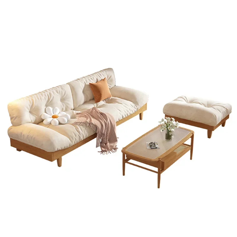 

Cream wind, solid wood sofa, living room, small apartment, furniture, sofa combination, three people, cloud fabric sofa