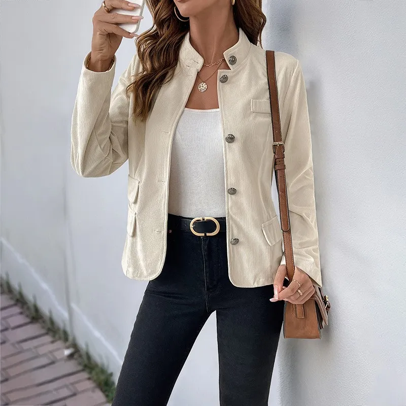 Fashion Women Jackets Autumn Button Long Sleeve Pocket Solid Slim Fit Coats Vintage Casual Work Outwear Female Streetwear