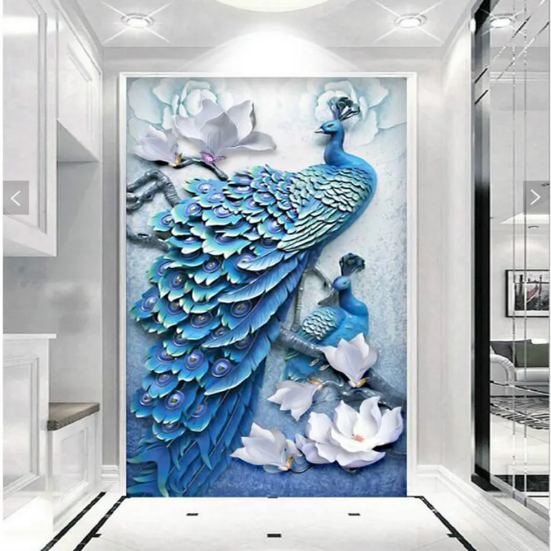 

custom home improvement 3D wall paper rolls wallpaper for walls Embossed 3D peacock entrance background wall wallpaper murals