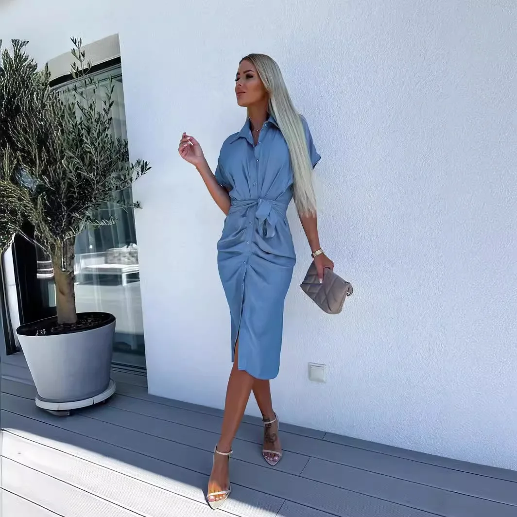 2024 Summer New Women Casual Wrapped Waist Folded Shirt Dress Ladies Elegant Solid Color Turn-down Collar Bat Sleeves Dresses