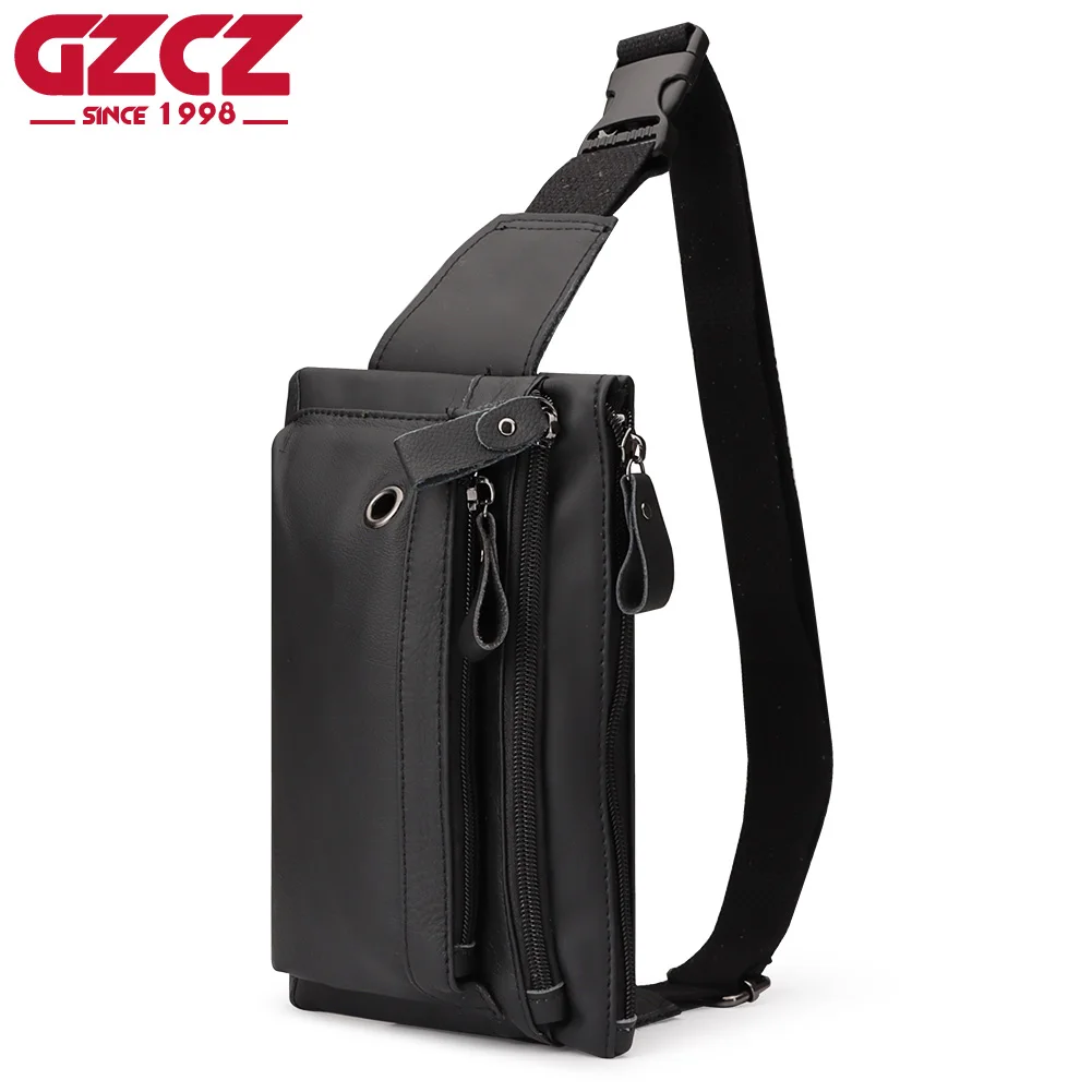 GZCZ Fashion Crossbody Chest Bag Genuine Leather Waterproof Travel For Men Classic Multifunction Fanny Pack Outdoor Sports