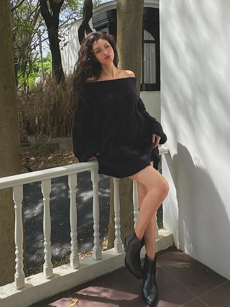 

Sexy Thickened Large Sleeve Sweater Dress Shoulder Bared Flip Collar Soft Draping Commute Style Cotton Blend Long Sleeve Midi...