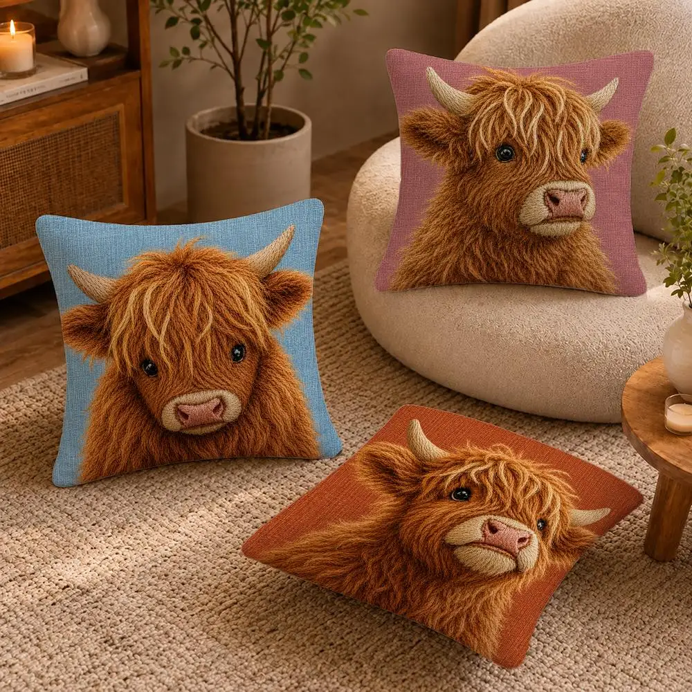 2D Flat-Printed Highland Cow Cushion Cover Short-Plush Cushion Cover Pillowcase — Suitable for Sofas Bedrooms and Home Decor
