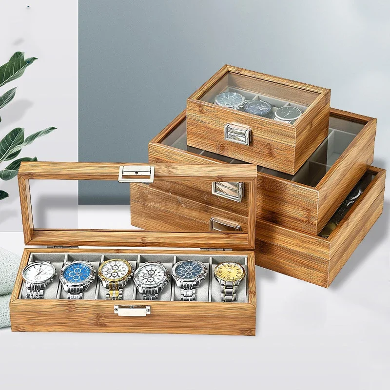 

Bamboo Watch Storage Box Organizer - Handmade Festive Gift Display Case for 3/6/10/12 Watches Clock Grids