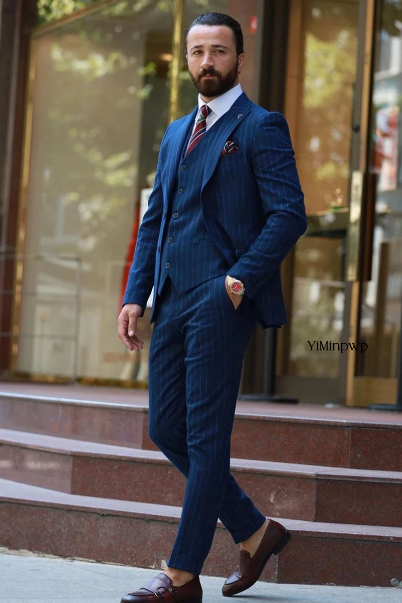 Conjunto de trajes exquisitos para hombre, trajes de esmoquin de doble botonadura a rayas para hombre, traje de hombre de negocios, chaqueta, chaleco y pantalones, 3 piezas