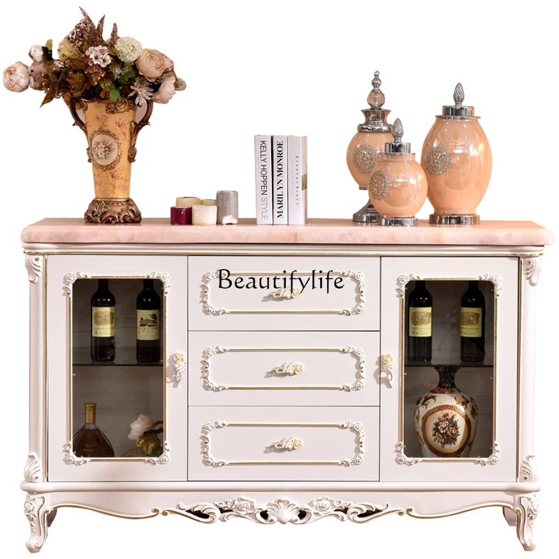 

European-Style Solid Wood Sideboard American Luxury Villa Marble Wine Cabinet