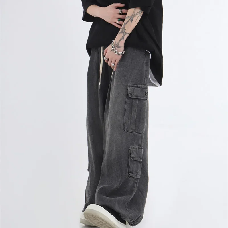 

2024 Men's Spring and Autumn New Three-dimensional Pocket Jeans Hip Hop Couples Washed Loose Wide-leg Pants Men and Women