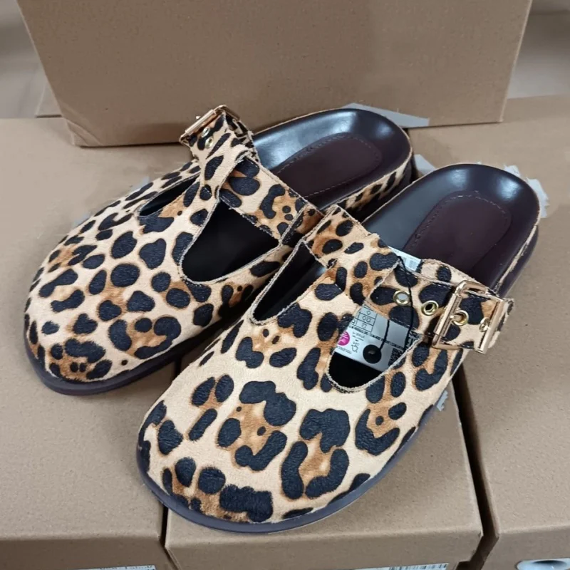 TRAF, zapatilla con hebilla de leopardo y punta redonda para mujer, zapatos planos de suela gruesa con estampado Animal elegante, zapatos Retro con talón descubierto para mujer 2024