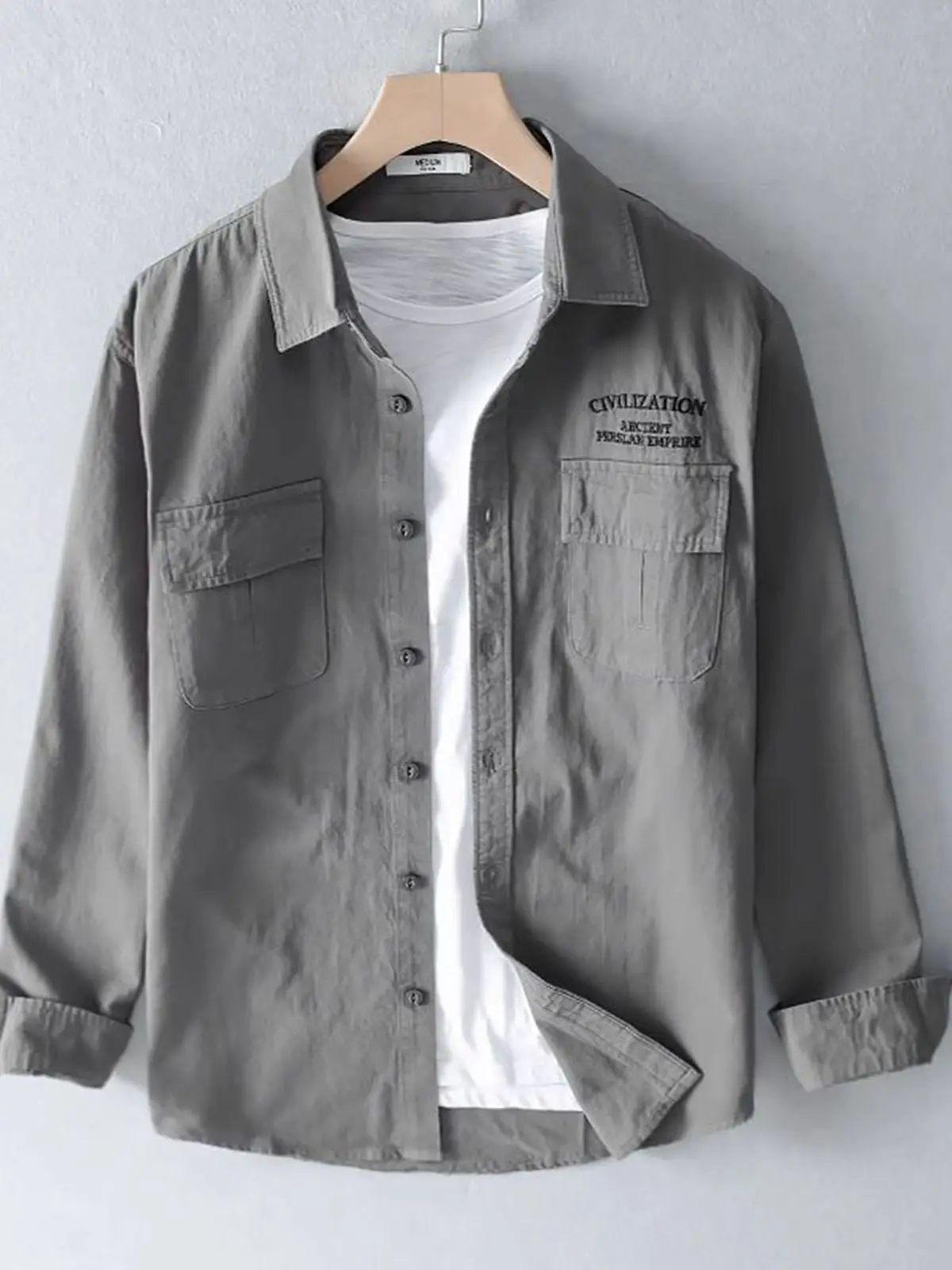 

Мужская свободная рубашка-куртка с длинным рукавом в городском стиле, из полиэстера, без бренда, не требует глажки, с отложным воротником