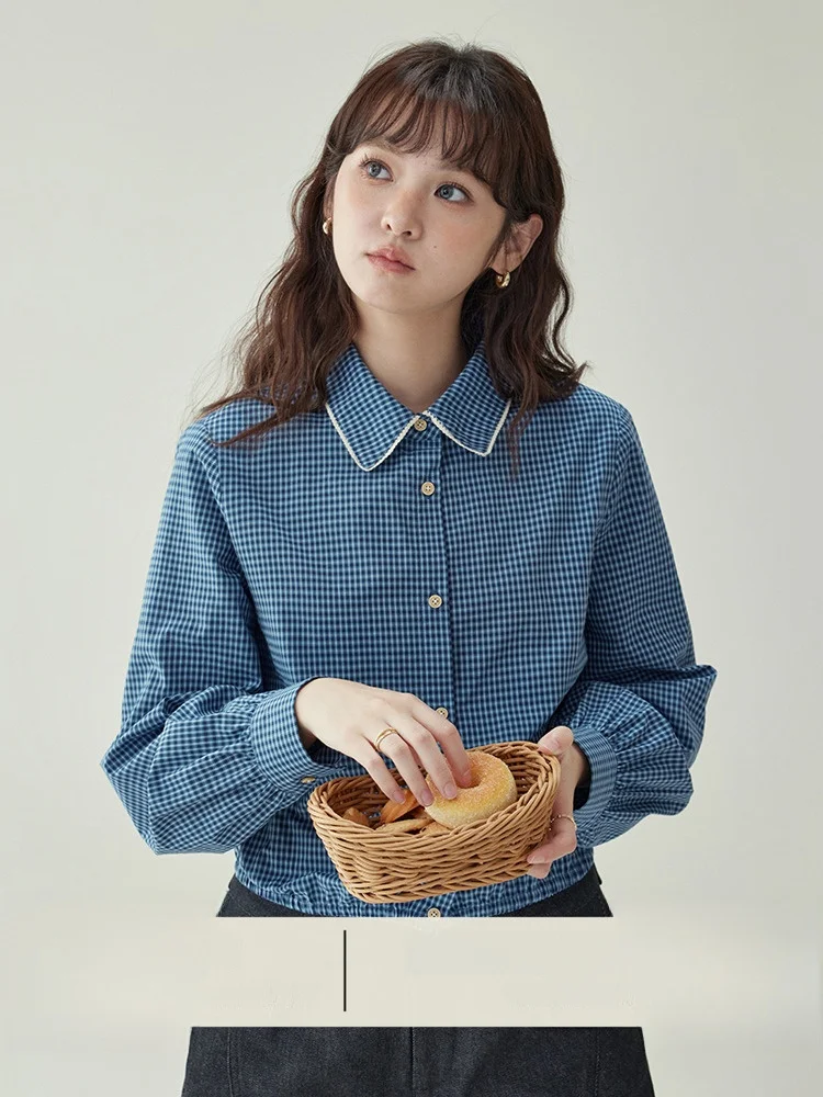 

AMUU Original Color Blo Blue Plaid Pure Cotton Long Sve ort irt Women's Autumn Winter New Sweet Stand Collar Top