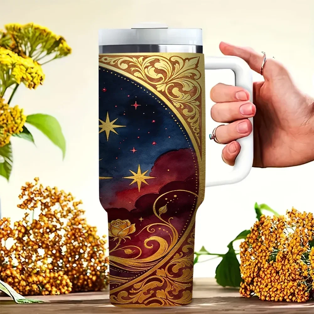40Oz Tumbler with Handle, Featuring Beautiful Sun Moon Stars And Golden Rose Print, Suitable for Everyone for Daily Use And Outdoor Trips, It Works Perfectly for Both Hot And Cold Drinks