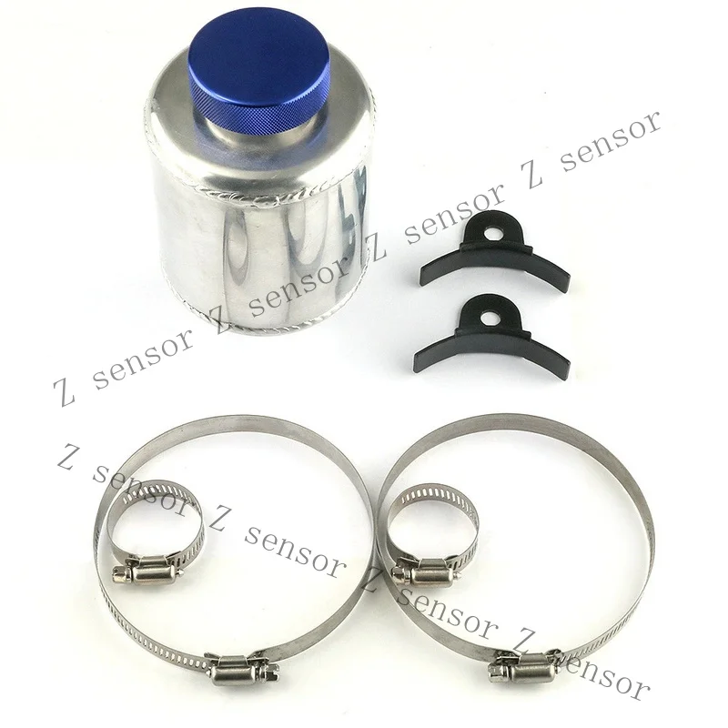 RRR+Universal Aluminum Power Steering Reservoir Tank Oil Catch Can Blue Cap w/Clamps
