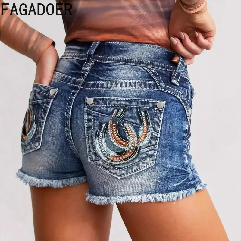 FAGADOER Y2k Retro Fashion Tassels Patchwork Denim Shorts Women Blue American Vintage High Waist Jeans Shorts Hot Girl Bottoms