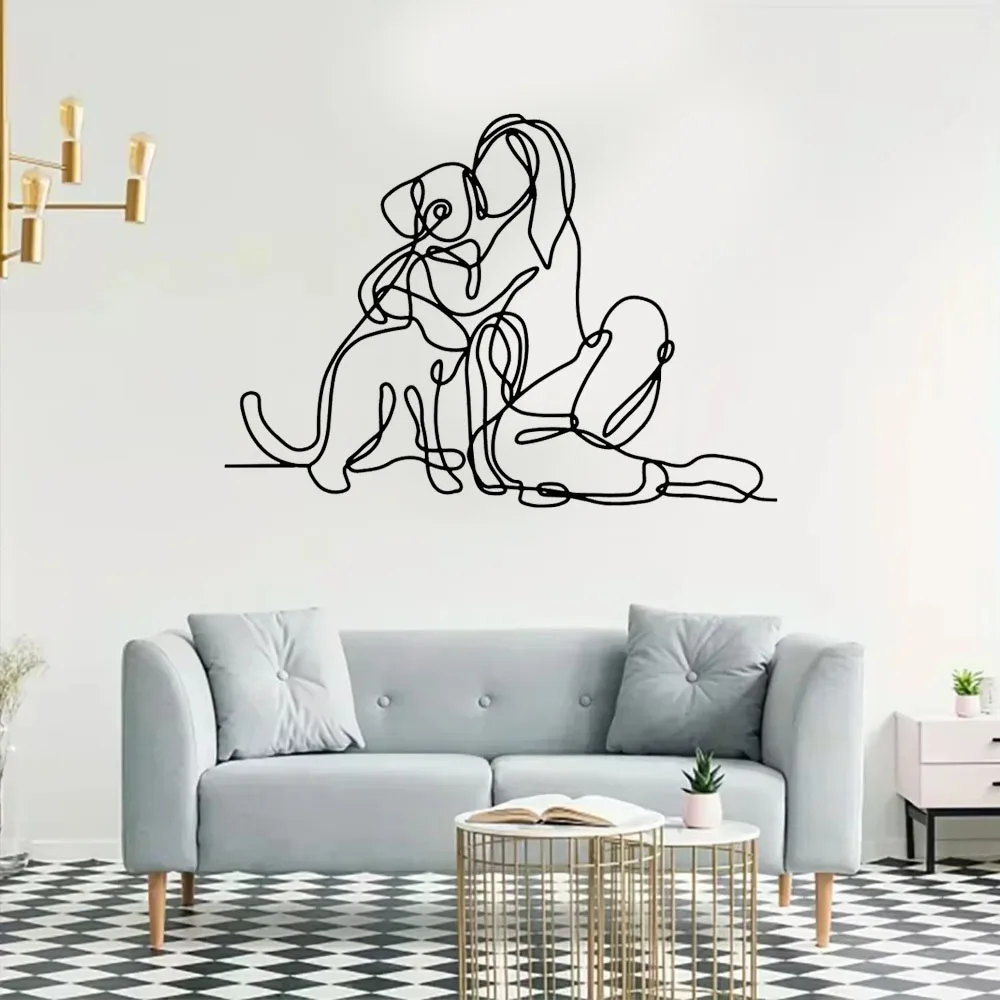 A Striking Metal Wall Art Depicting   Line Sculpture of Woman and  Dog, Suitable as Wedding Gift and for Enhancing Home