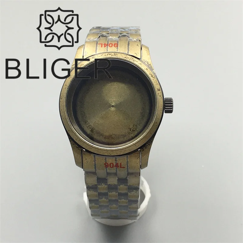 BLIGER 36mm/39mm Full Brushed Bronze Pilot Watch Case Bracelet Micro Dome Sapphire Glass Fit NH3 NH35 36 ETA2824 PT5000 Movement