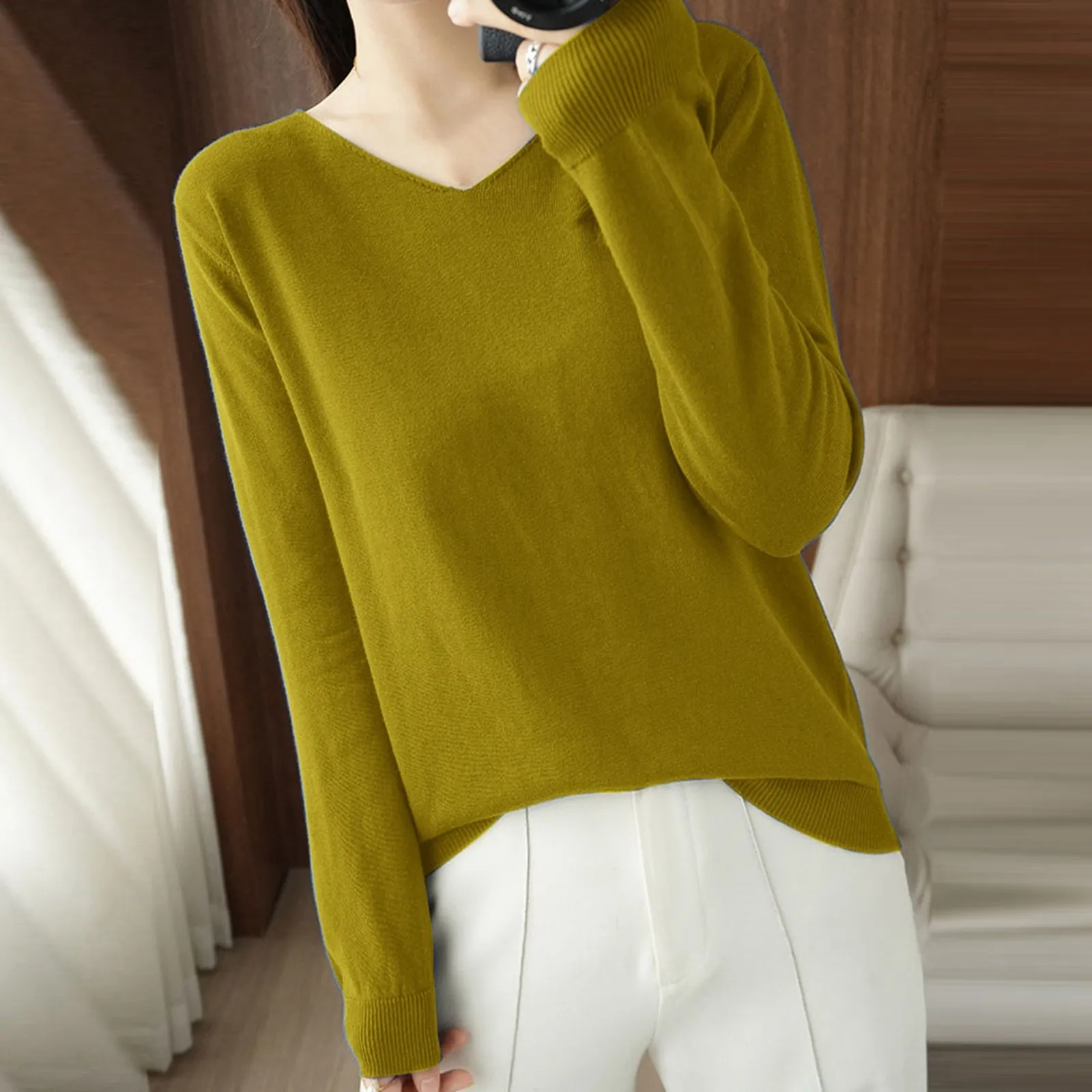 2024 Autumn Winter Women's Warm Cashmere Sweater Solid Color Long Sleeve V Collar Pullover Casual Soft Comfortable Tops