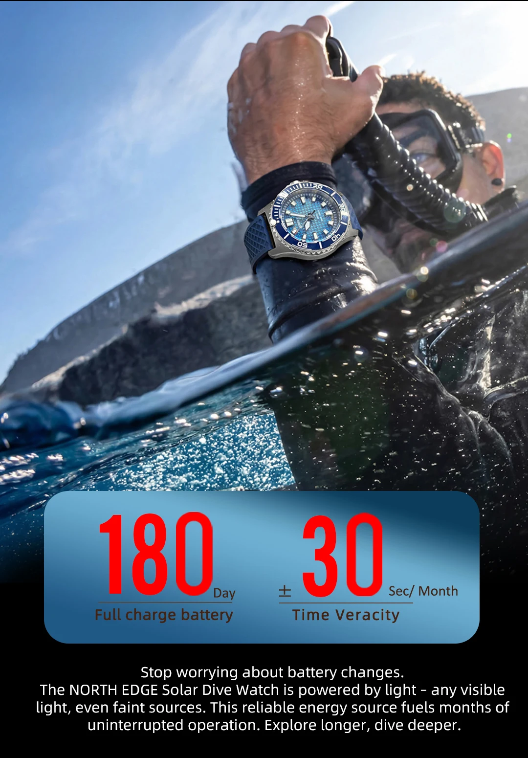 NORTH EDGE ABYSS Herren Quarzuhr Solarbetriebene Luxusuhr 200M Wasserdichte Taucheruhr 316L Stahlgehäuse 180+ Tage Energievorrat – Detail 3