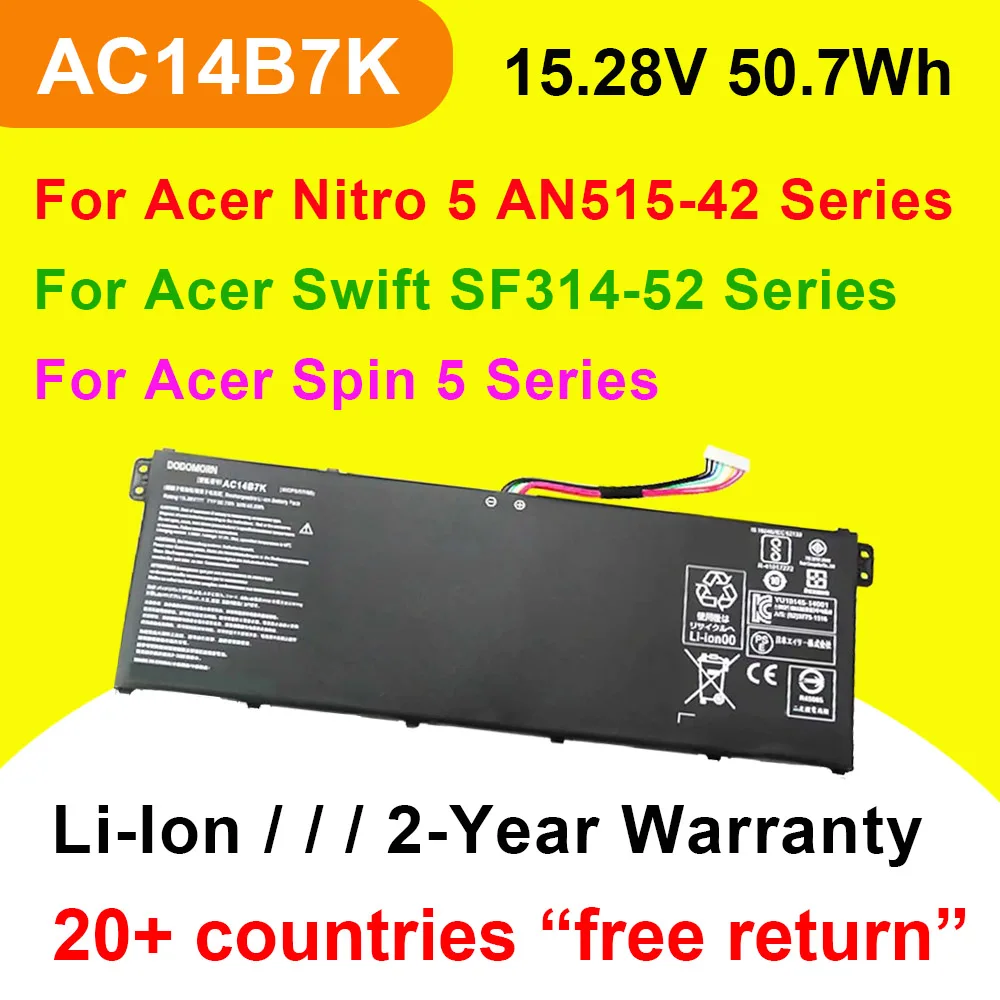 AC14B7K For Acer Nitro 5 AN515-42 Swift SF314-52 SF314-52-536Y Spin 5 SP515-51GN Laptop Battery 4ICP5/57/80 15.28V 50.7Wh