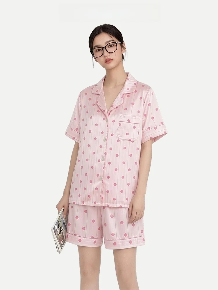 Pink Dot Ice Silk Short Sleeve Ladies Sleepwear Set Summer Cool Feeling Home Clothes Suitable for Outdoor Wear Comfortable Ho...