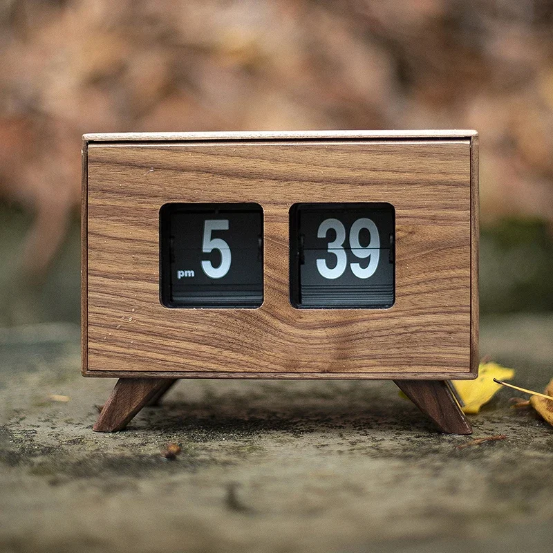 Antique walnut wooden clock square automatic page turning electronic calendar table