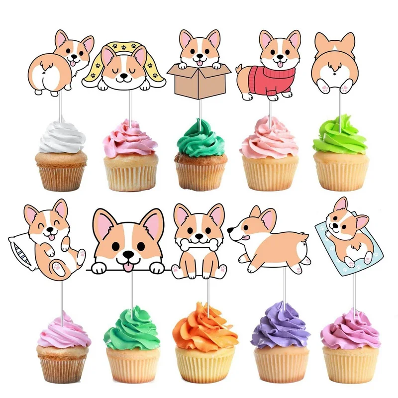 12/24 Pcs Cute Corgi Cupcake Toppers, Cupcake Picks with Glue Dots, Cake Decorations Set for Birthday Party Favors Ornament