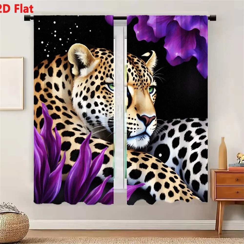 2Pcs Curtains 2D Flat Artistic Whimsical Leopard Digital Illustration with Light Brown White Spots Green Eyes Black Background P