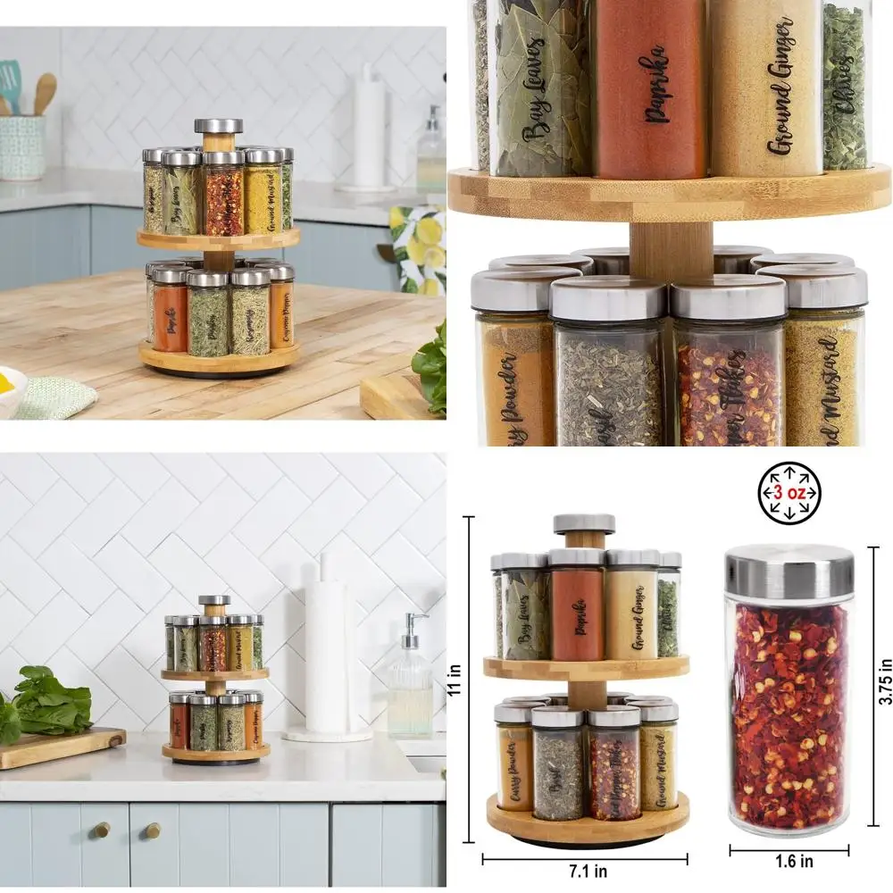 

Вращающаяся двухуровневая бамбуковая полка для специй с 16 баночками для кухонных приправ и специй