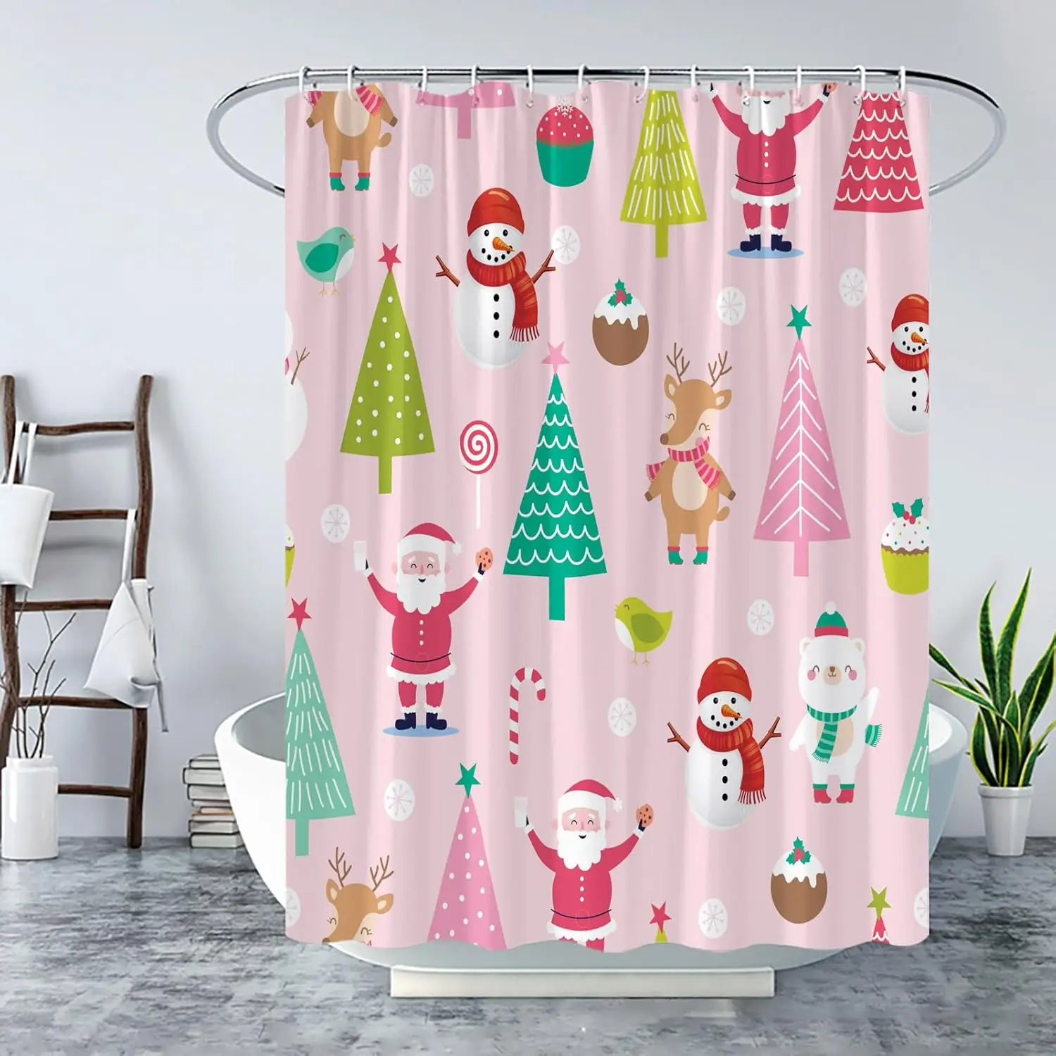 

Розовая рождественская занавеска для душа, рождественская елка, милый снеговик, забавный Санта-олень, мультяшные конфеты, снежинка, зимние каникулы, счастливый